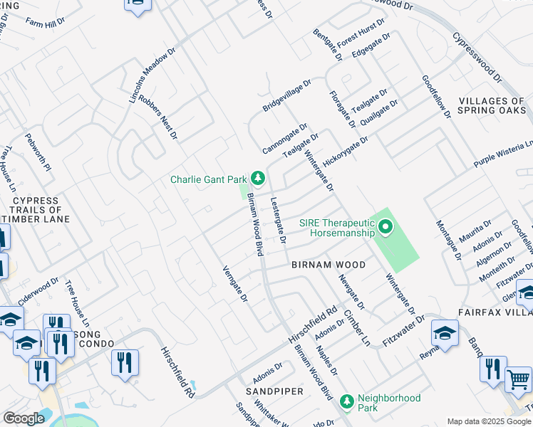 map of restaurants, bars, coffee shops, grocery stores, and more near 4310 Mossygate Drive in Spring