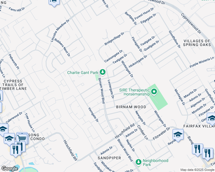 map of restaurants, bars, coffee shops, grocery stores, and more near 4310 Mossygate Drive in Spring