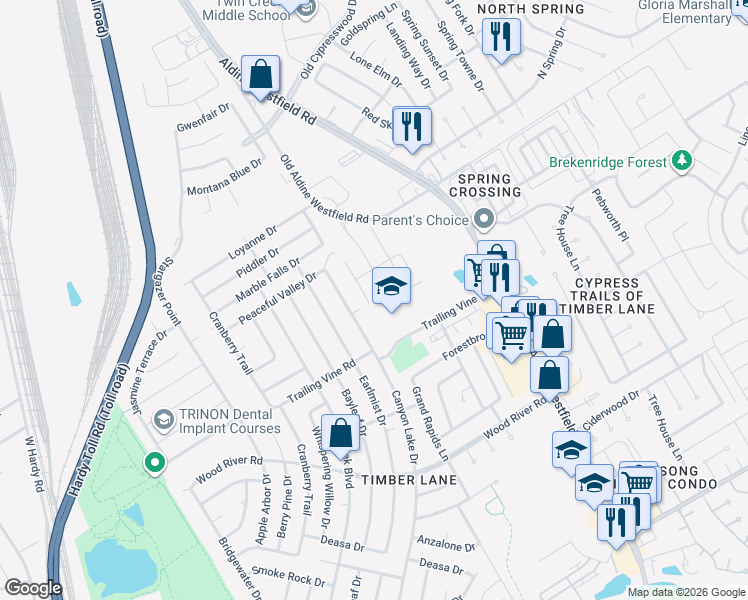 map of restaurants, bars, coffee shops, grocery stores, and more near 23502 Hidden Maple Drive in Spring