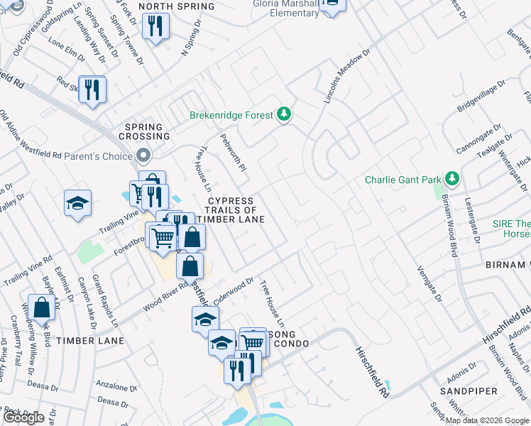 map of restaurants, bars, coffee shops, grocery stores, and more near 23311 Pebworth Place in Spring