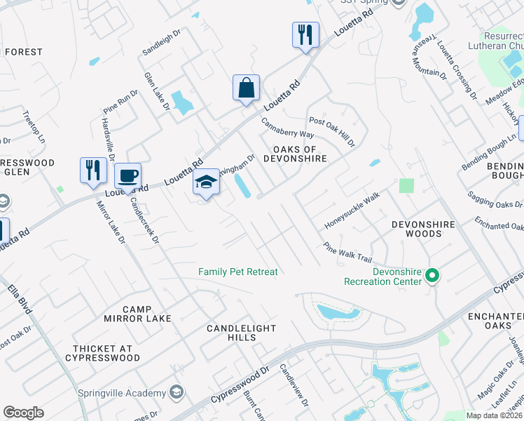 map of restaurants, bars, coffee shops, grocery stores, and more near 19531 Creek Bend Drive in Spring