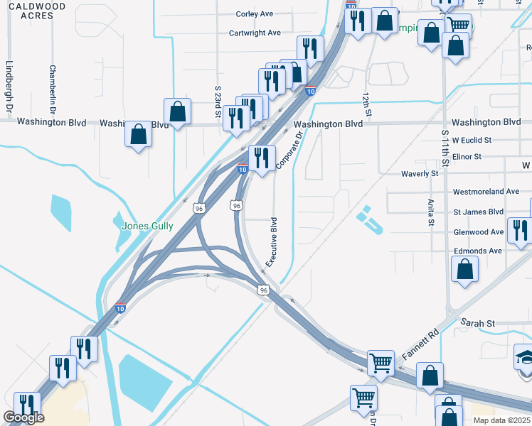 map of restaurants, bars, coffee shops, grocery stores, and more near 3180 Executive Boulevard in Beaumont