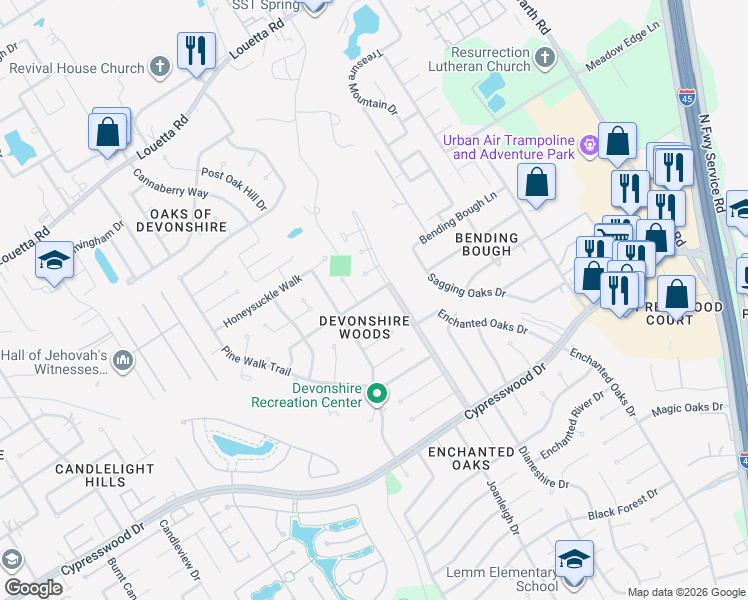 map of restaurants, bars, coffee shops, grocery stores, and more near 511 Bending Bough Drive in Spring