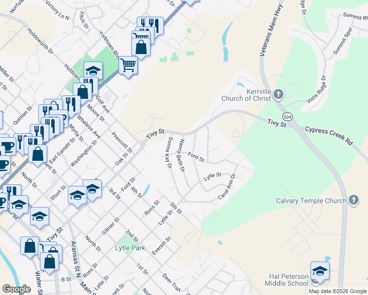 map of restaurants, bars, coffee shops, grocery stores, and more near 1011 Nancy Beth Drive in Kerrville