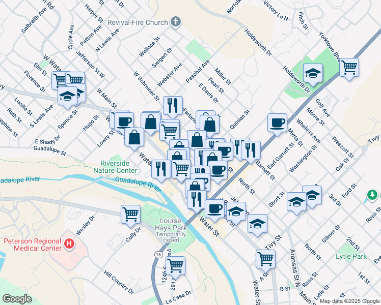 map of restaurants, bars, coffee shops, grocery stores, and more near 400 Jefferson Street in Kerrville