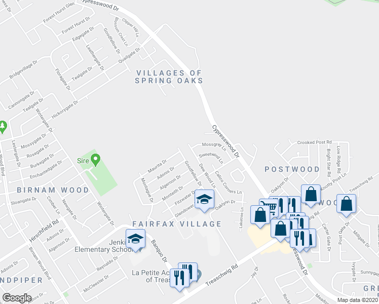 map of restaurants, bars, coffee shops, grocery stores, and more near 23415 Dew Wood Lane in Spring