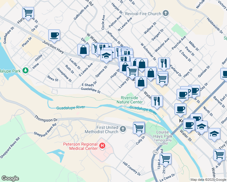 map of restaurants, bars, coffee shops, grocery stores, and more near 400 Lowry Street in Kerrville