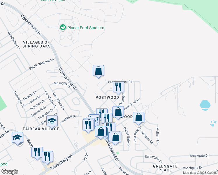 map of restaurants, bars, coffee shops, grocery stores, and more near 23307 Upper Falls Court in Spring