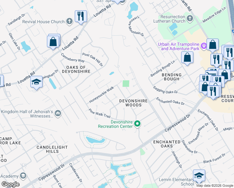 map of restaurants, bars, coffee shops, grocery stores, and more near 19810 Holly Walk Lane Court in Spring