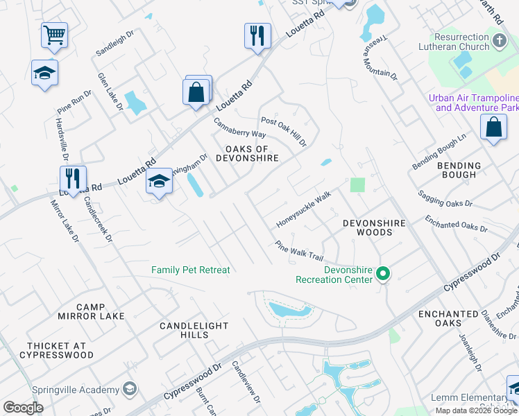 map of restaurants, bars, coffee shops, grocery stores, and more near 2735 Alderleaf Pl in Spring
