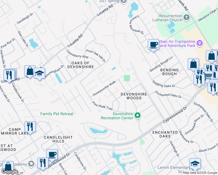 map of restaurants, bars, coffee shops, grocery stores, and more near 2623 Honeysuckle Walk in Spring
