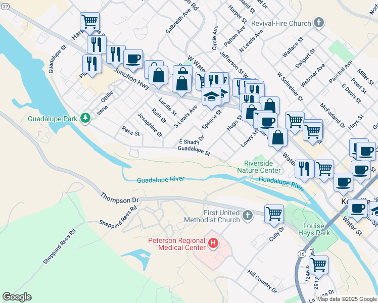 map of restaurants, bars, coffee shops, grocery stores, and more near 327 Guadalupe Street in Kerrville