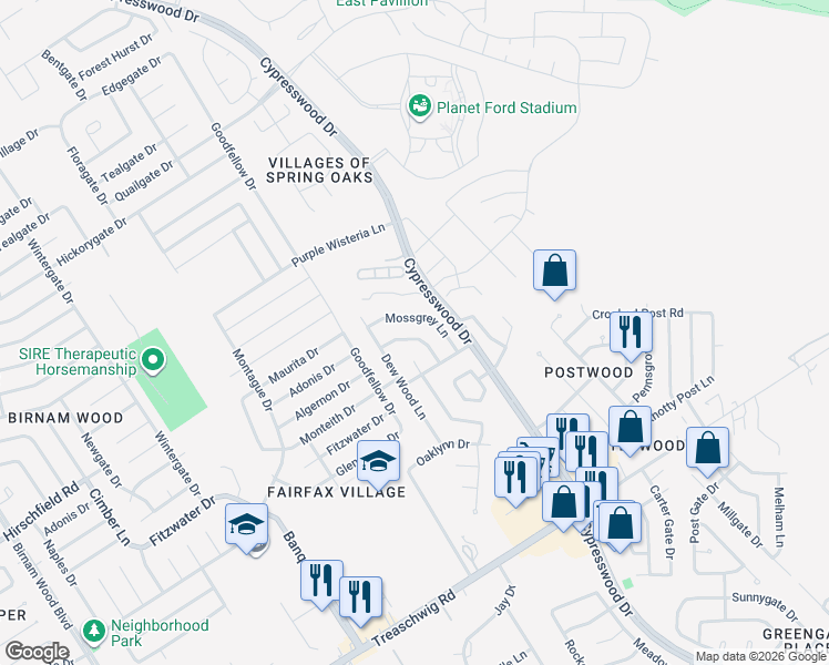 map of restaurants, bars, coffee shops, grocery stores, and more near 5215 Sweetwind Lane in Spring