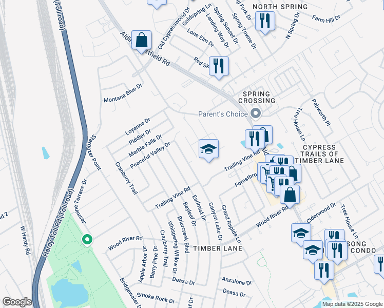map of restaurants, bars, coffee shops, grocery stores, and more near 23511 Canyon Lake Drive in Spring