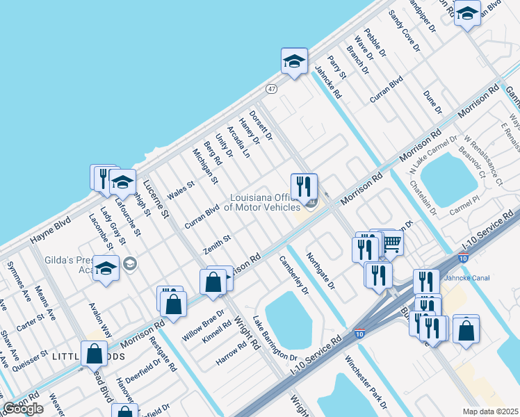 map of restaurants, bars, coffee shops, grocery stores, and more near 7607 Berg Road in New Orleans