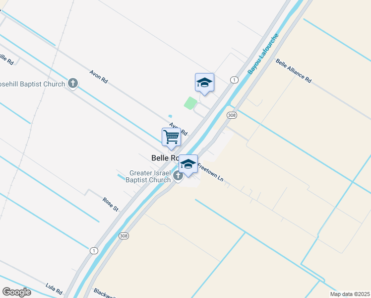 map of restaurants, bars, coffee shops, grocery stores, and more near 7101-7507 Highway 308 in Belle Rose