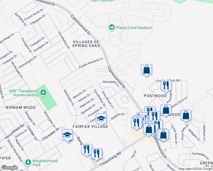 map of restaurants, bars, coffee shops, grocery stores, and more near 5215 Sweetwind Lane in Spring