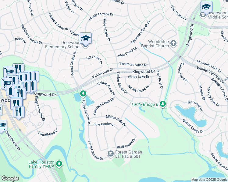map of restaurants, bars, coffee shops, grocery stores, and more near 2418 Golden Pond Drive in Houston