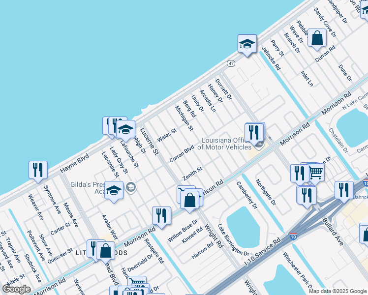 map of restaurants, bars, coffee shops, grocery stores, and more near 11305 Curran Boulevard in New Orleans