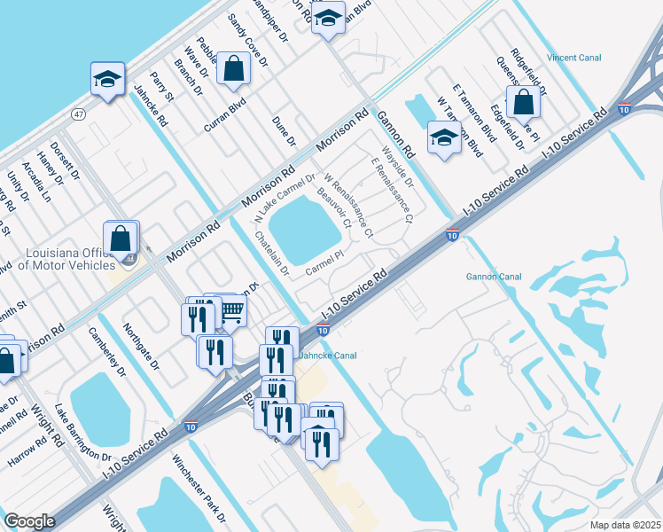 map of restaurants, bars, coffee shops, grocery stores, and more near 12500 Carmel Place in New Orleans