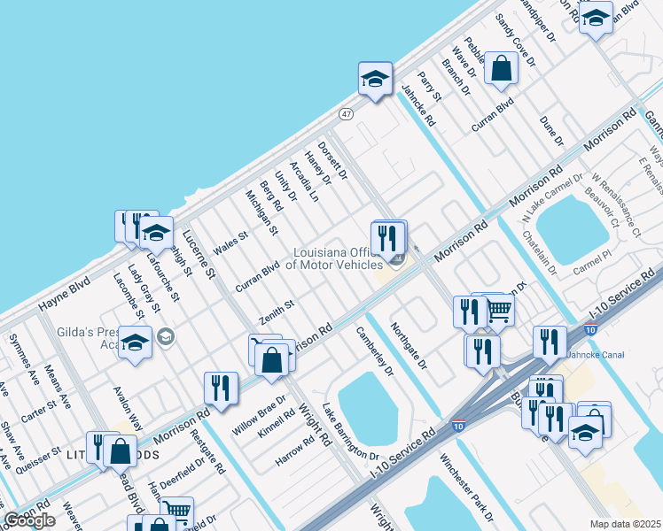 map of restaurants, bars, coffee shops, grocery stores, and more near 7607 Berg Road in New Orleans