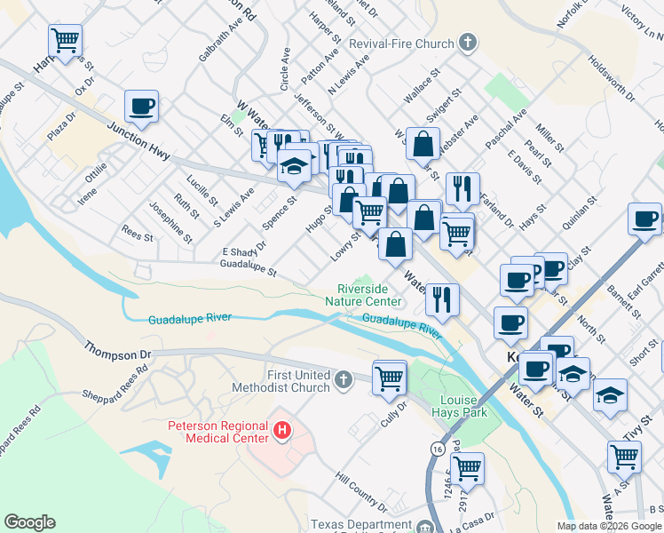map of restaurants, bars, coffee shops, grocery stores, and more near 313 Lowry Street in Kerrville