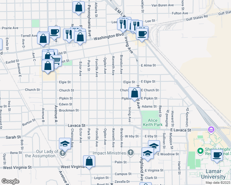 map of restaurants, bars, coffee shops, grocery stores, and more near 3615 Kenneth Avenue in Beaumont