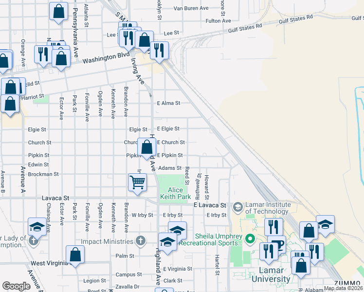 map of restaurants, bars, coffee shops, grocery stores, and more near 395 East Pipkin Street in Beaumont