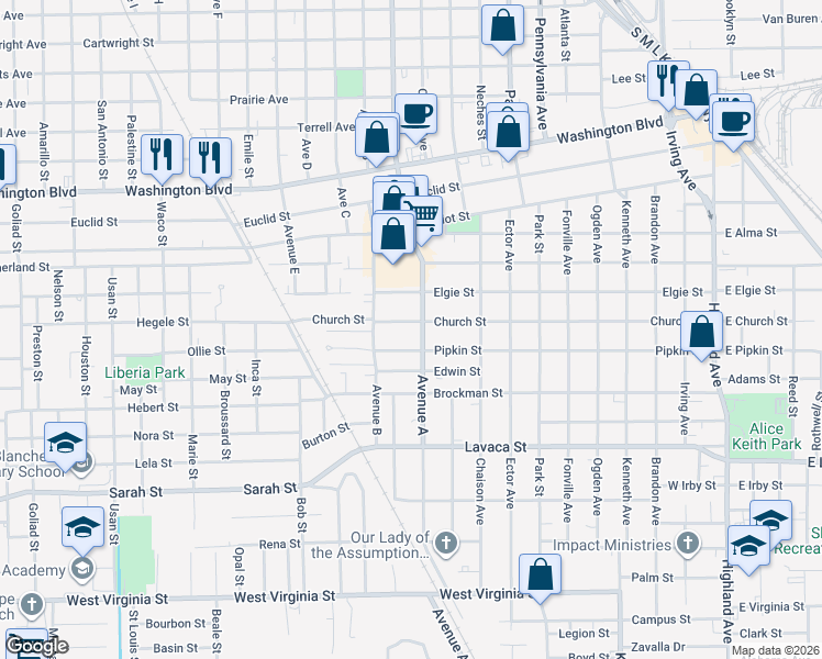 map of restaurants, bars, coffee shops, grocery stores, and more near 1428 Pipkin Street in Beaumont