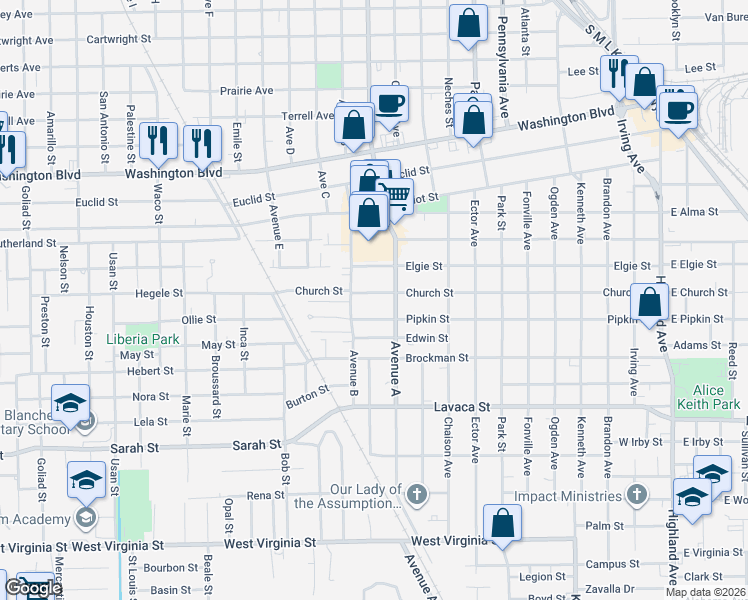 map of restaurants, bars, coffee shops, grocery stores, and more near 1428 Pipkin Street in Beaumont