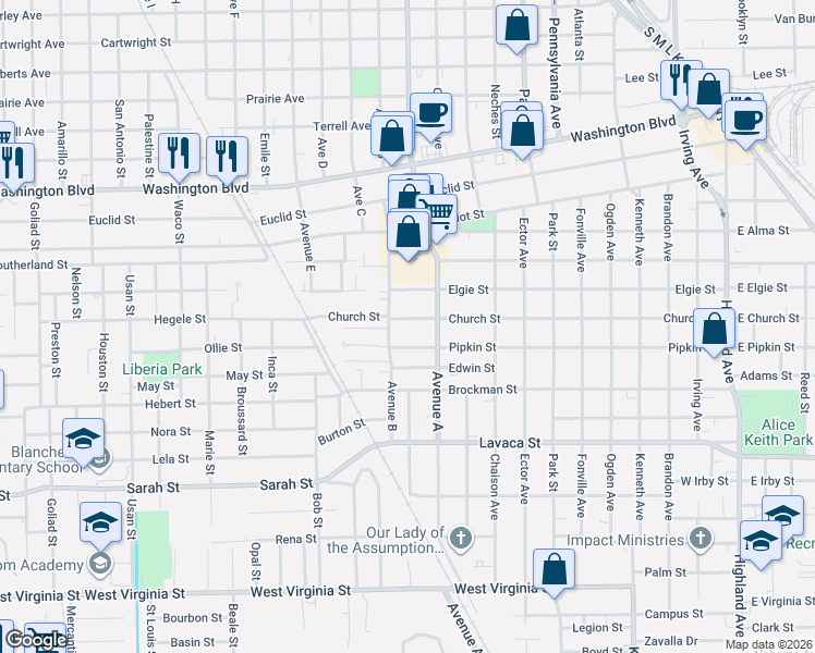 map of restaurants, bars, coffee shops, grocery stores, and more near 1428 Pipkin Street in Beaumont