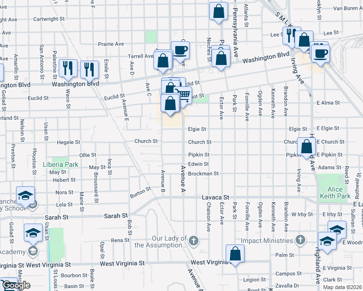 map of restaurants, bars, coffee shops, grocery stores, and more near 1428 Pipkin Street in Beaumont