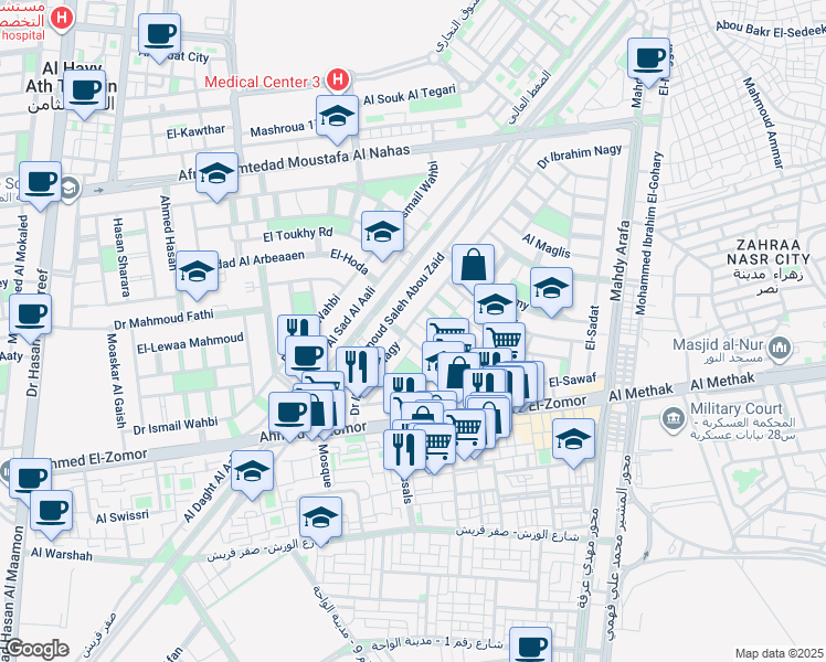 map of restaurants, bars, coffee shops, grocery stores, and more near Ahmed El-Zomor in Nasr City