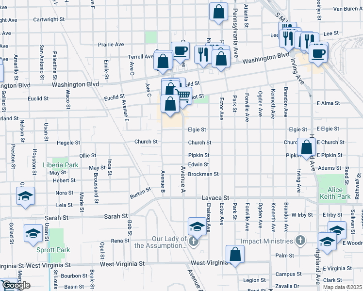 map of restaurants, bars, coffee shops, grocery stores, and more near 1401 Church Street in Beaumont