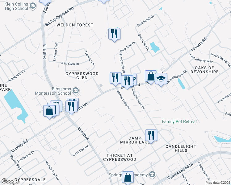 map of restaurants, bars, coffee shops, grocery stores, and more near 3527 Louetta Rd in Spring