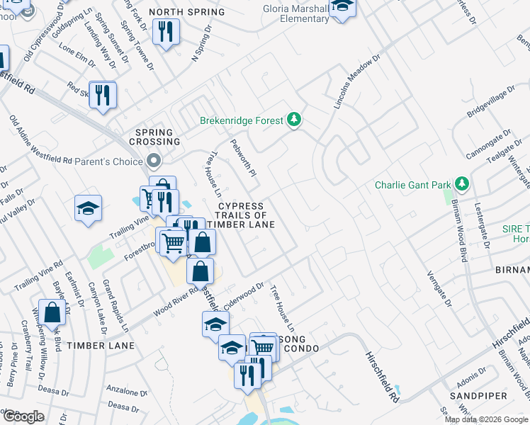 map of restaurants, bars, coffee shops, grocery stores, and more near 23311 Pebworth Place in Spring