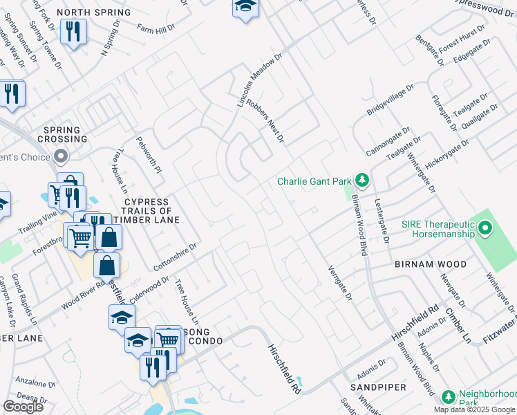 map of restaurants, bars, coffee shops, grocery stores, and more near 3515 Hirschfield Road in Spring
