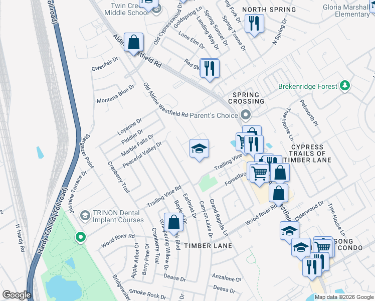 map of restaurants, bars, coffee shops, grocery stores, and more near 23502 Hidden Maple Drive in Spring