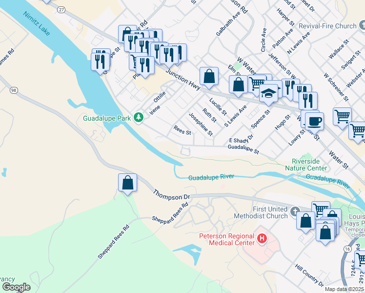 map of restaurants, bars, coffee shops, grocery stores, and more near 521 Guadalupe Street in Kerrville