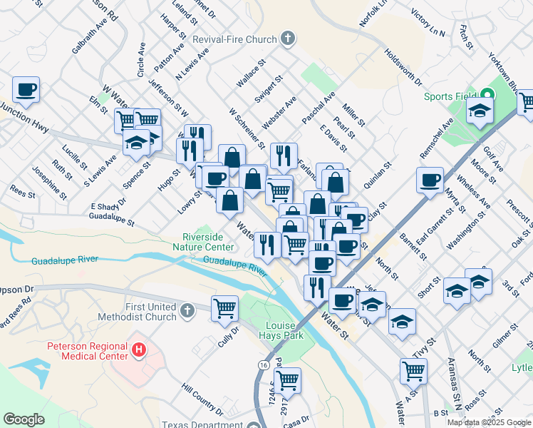 map of restaurants, bars, coffee shops, grocery stores, and more near 300 Main Street in Kerrville