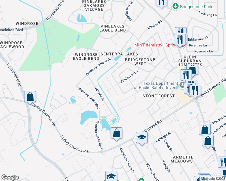 map of restaurants, bars, coffee shops, grocery stores, and more near 19619 Kilborne Park Lane in Spring