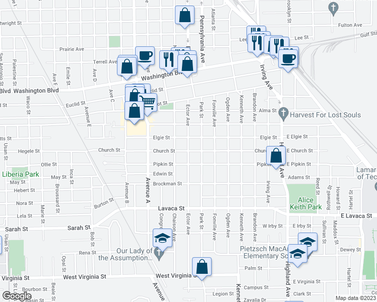 map of restaurants, bars, coffee shops, grocery stores, and more near 3601 Ector Avenue in Beaumont