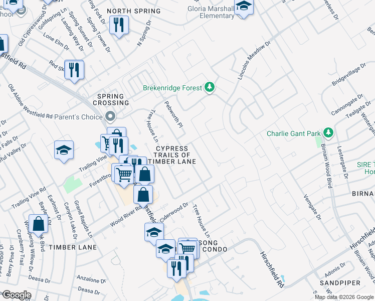 map of restaurants, bars, coffee shops, grocery stores, and more near 3127 Clear Wing Court in Spring