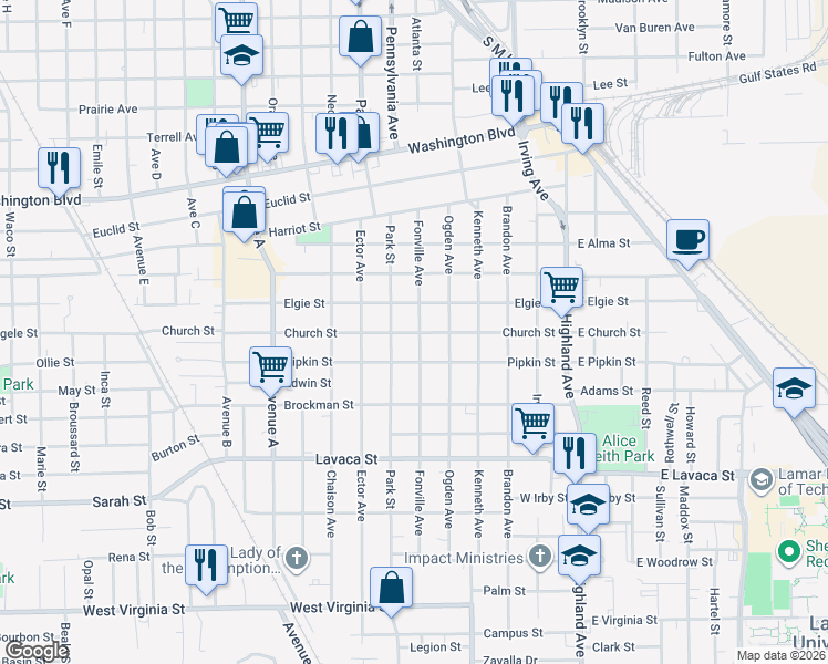 map of restaurants, bars, coffee shops, grocery stores, and more near 1010 Pipkin Street in Beaumont