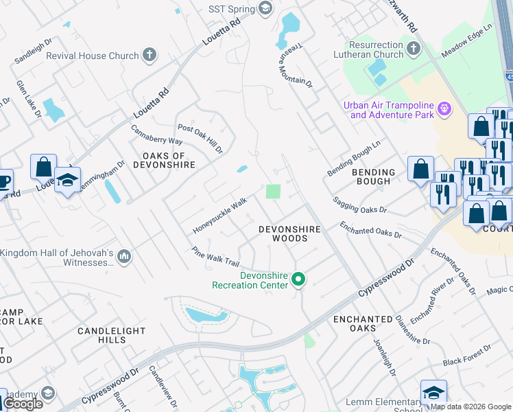map of restaurants, bars, coffee shops, grocery stores, and more near 19810 Holly Walk Lane Court in Spring