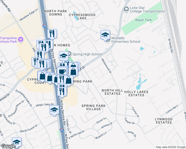 map of restaurants, bars, coffee shops, grocery stores, and more near 19519 Lockridge Drive in Spring