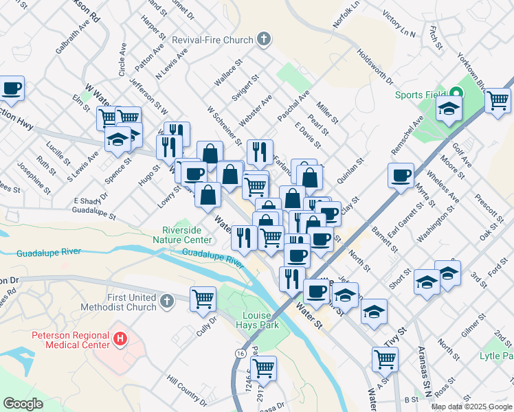 map of restaurants, bars, coffee shops, grocery stores, and more near 300 Main Street in Kerrville