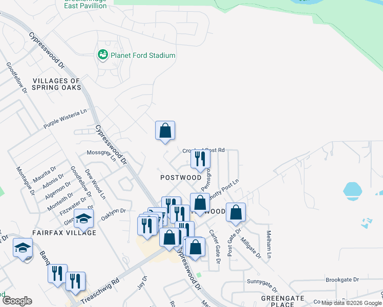 map of restaurants, bars, coffee shops, grocery stores, and more near 23307 Upper Falls Court in Spring