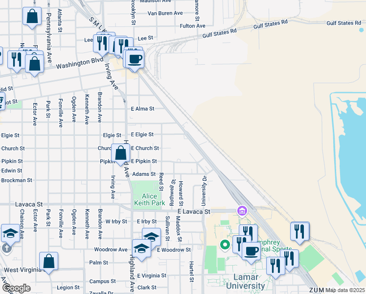 map of restaurants, bars, coffee shops, grocery stores, and more near 525 East Pipkin Street in Beaumont