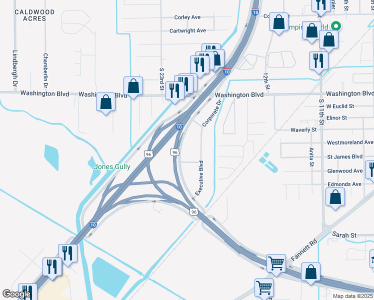map of restaurants, bars, coffee shops, grocery stores, and more near 3180 Executive Boulevard in Beaumont